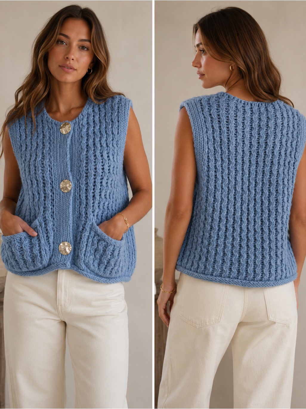 Mable Chunky Knit Button Front Vest In Dusty Blue